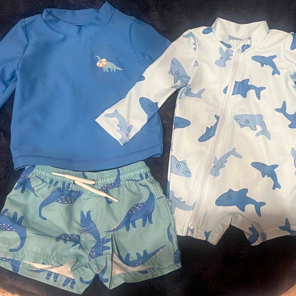 Blue and White Carters Shark/Dinosaur Print Kids Swim Bundle